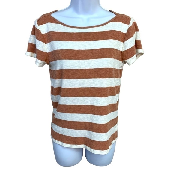 M Madewell Brick White Striped Knit Top Short Sleeve Stretch Medium Sweater Top - Picture 1 of 9